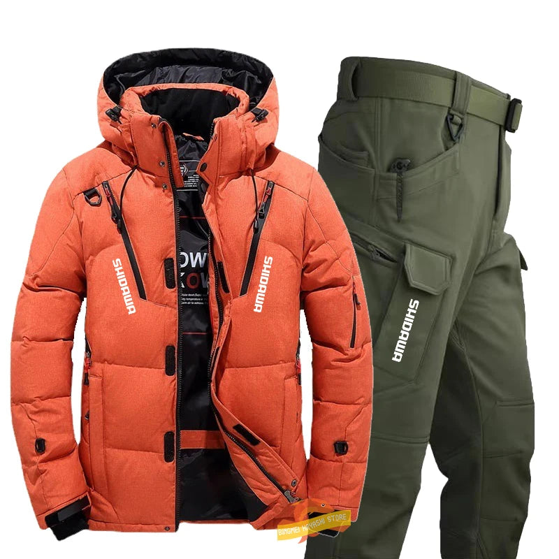 Men's Winter Fishing Suit, Goose Down Jacket+Tactical Pants Fishing Set, Warm Snow Skiing, Mountain Climbing, Hunting Sportswear