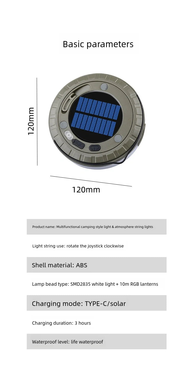 Solar Lights Outdoor Camping Light 10meter String Light Outdoor Tent Light RGB Atmosphere Light LED Flashlight with Hook 