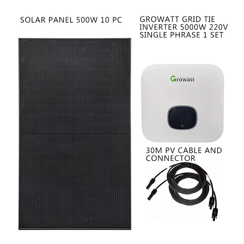 Solar Panel Kit Complete For Home 10000 w 5000w 380V 3 Phrase220v On Grid System Growatt Grid Tie Inverter 2 MPPT PV Panel 500W