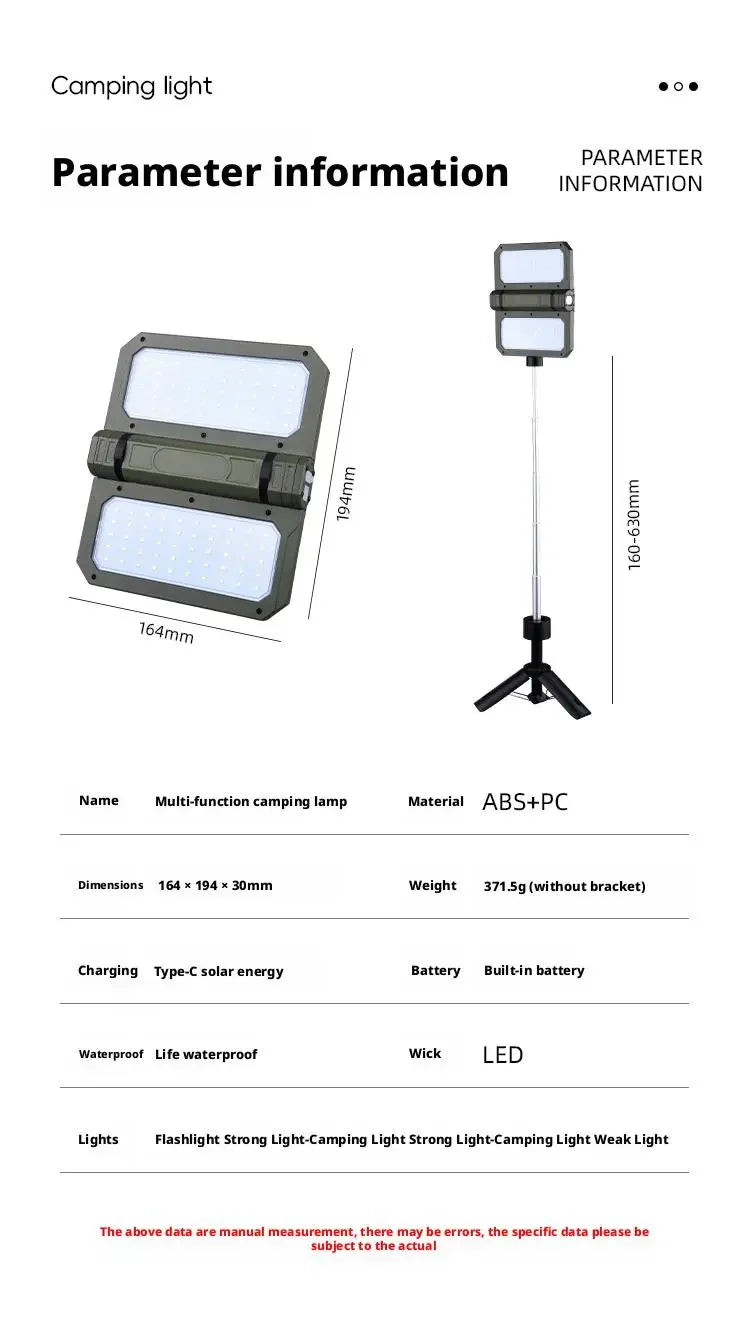 Solar Powered Portable Camping Light with Strong Magnetic Base for Home Emergency Construction Site Outdoor Work Lamp