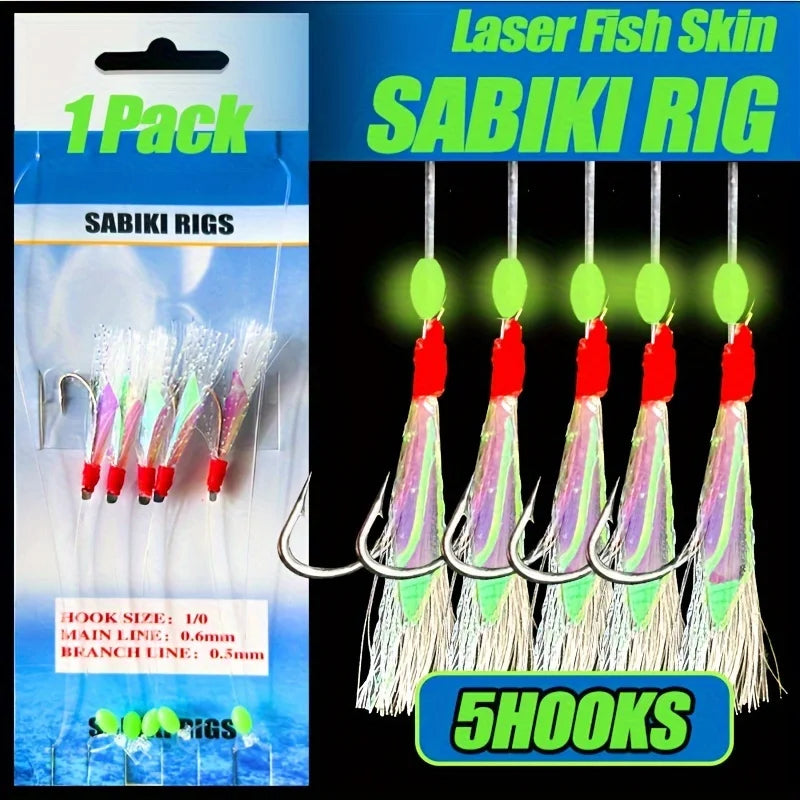 TAKBAS 1/3/5Packs Sabiki Rigs Saltwater, Fish Skin Mackerel Feathers Rigs, Sea Fishing Rigs with Luminous Beads Flasher Rig