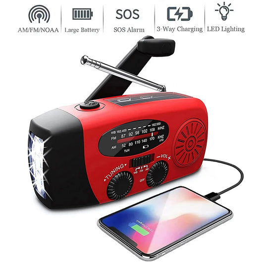 Solar Hand Crank Powered Camping Light with AM/FM Radio Outdoor 2000mAh USB Charging Multifunctional Hand Dynamo LED Flashlight