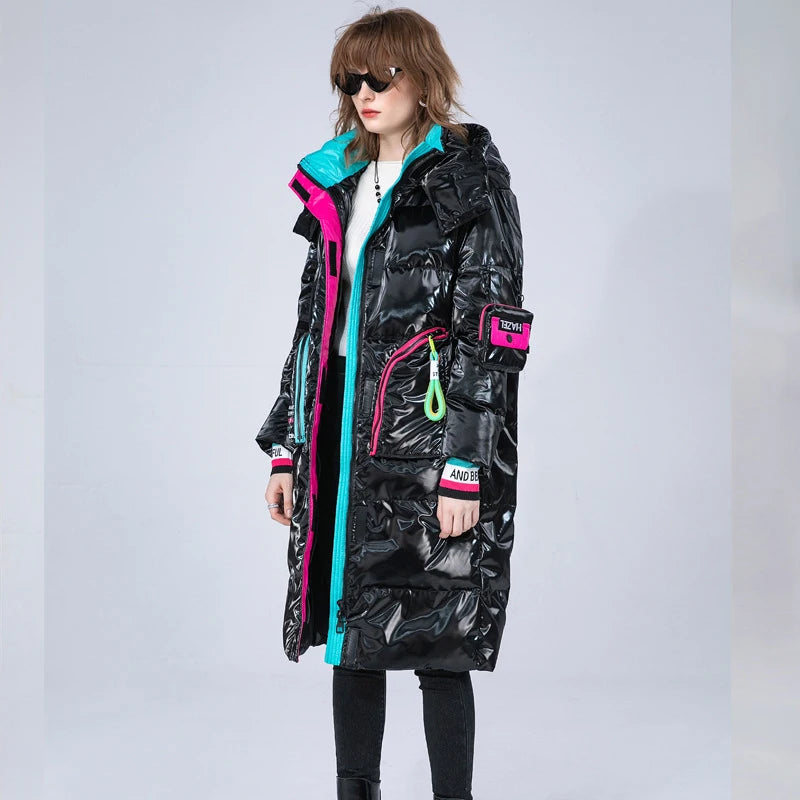 Winter Clothing Glossy Waterproof Coat Women Long 90% White Duck Down Coat Thick Loose Outerwear Warm Down Jacket Hooded Parkas
