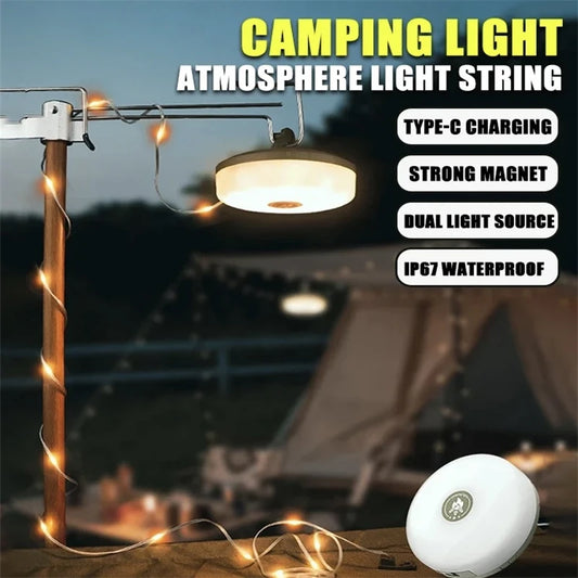 Solar Lights Outdoor Camping Light 10meter String Light Outdoor Tent Light RGB Atmosphere Light LED Flashlight with Hook 