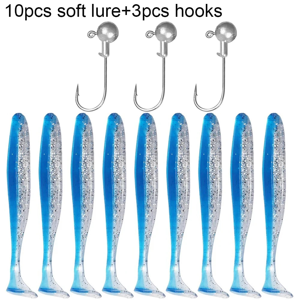 10PCS Soft Lure 5.5cm 7cm 10cm T Tail Worm 3PCS Jigging Head Hook 3g 5g 10g Metal Jig Carp Fishing Pesca Swimbait Gear Kit Bait