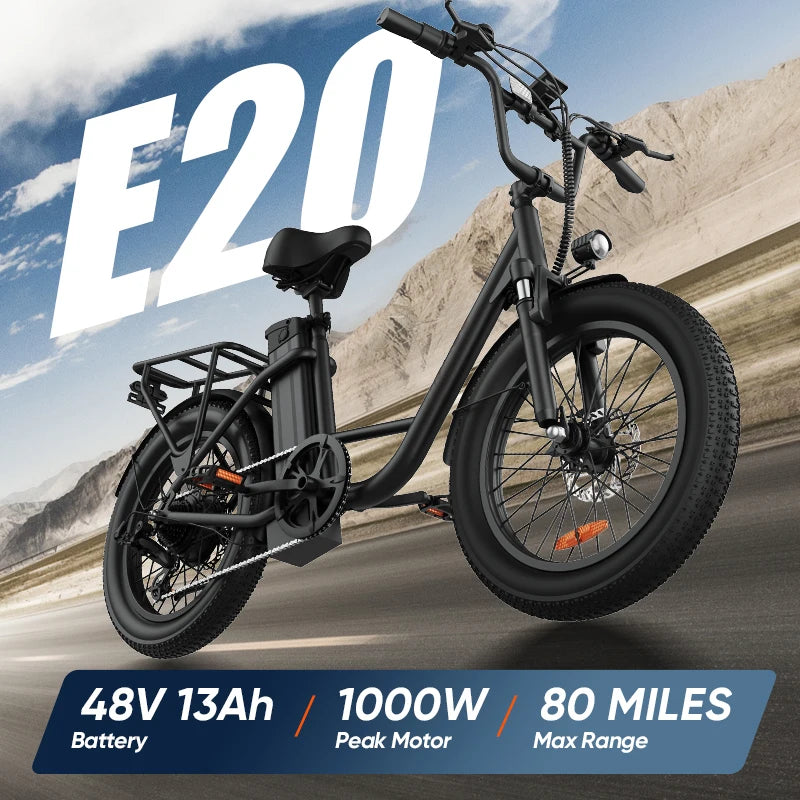 1000W E20 Electric Bike | 48V 13Ah Removable Battery, 20MPH, 20''X3" Fat Tire, 7-Speed Electric Bicycles with Dual Disc Brake