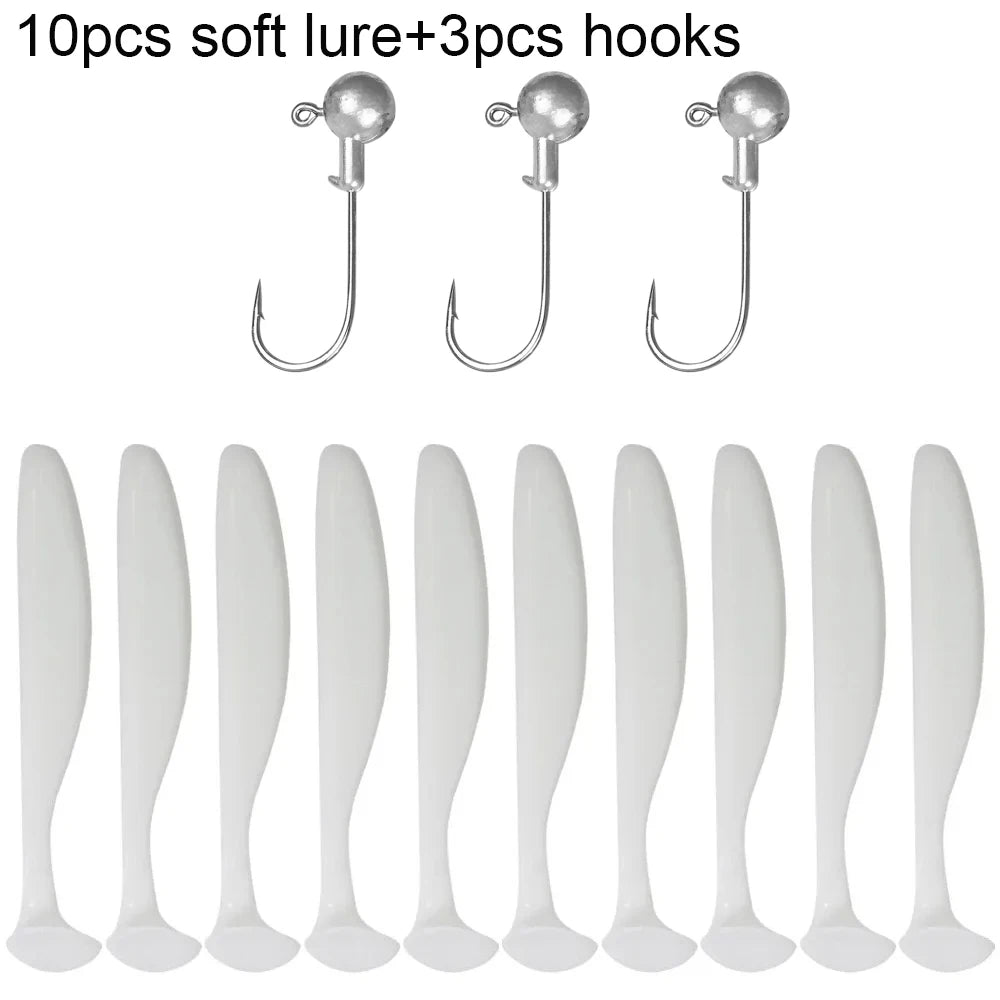 10PCS Soft Lure 5.5cm 7cm 10cm T Tail Worm 3PCS Jigging Head Hook 3g 5g 10g Metal Jig Carp Fishing Pesca Swimbait Gear Kit Bait