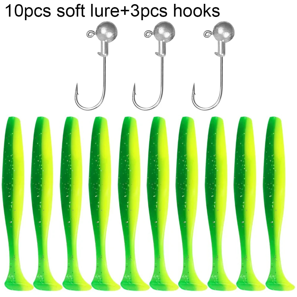 10PCS Soft Lure 5.5cm 7cm 10cm T Tail Worm 3PCS Jigging Head Hook 3g 5g 10g Metal Jig Carp Fishing Pesca Swimbait Gear Kit Bait