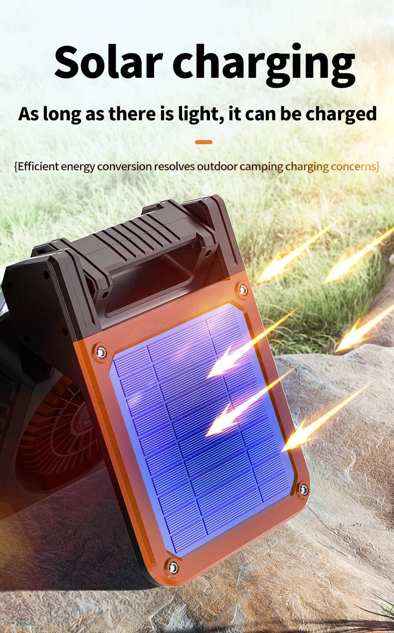 Solar Powered Camping Light with Fan Folding Portable Desk Lamp  Rechargeable Battery for Outdoor Hiking Fishing Camping