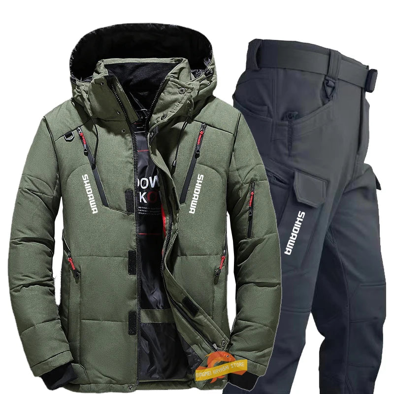 Men's Winter Fishing Suit, Goose Down Jacket+Tactical Pants Fishing Set, Warm Snow Skiing, Mountain Climbing, Hunting Sportswear