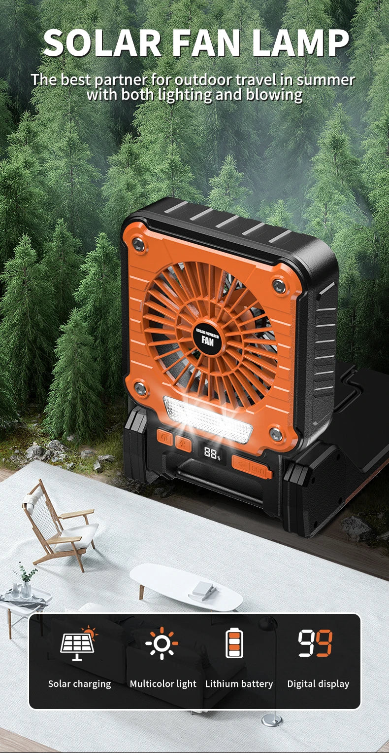 Solar Powered Camping Light with Fan Folding Portable Desk Lamp  Rechargeable Battery for Outdoor Hiking Fishing Camping