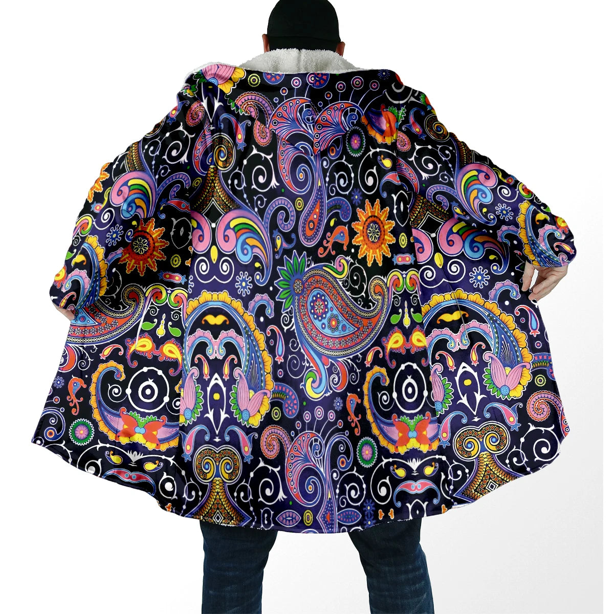 Winter Fashion Men's cloak Hippie Psychedelic Colorful Trippy 3D Printed Thick Fleece Hooded Cloak Unisex Warm Cape Coat DP103
