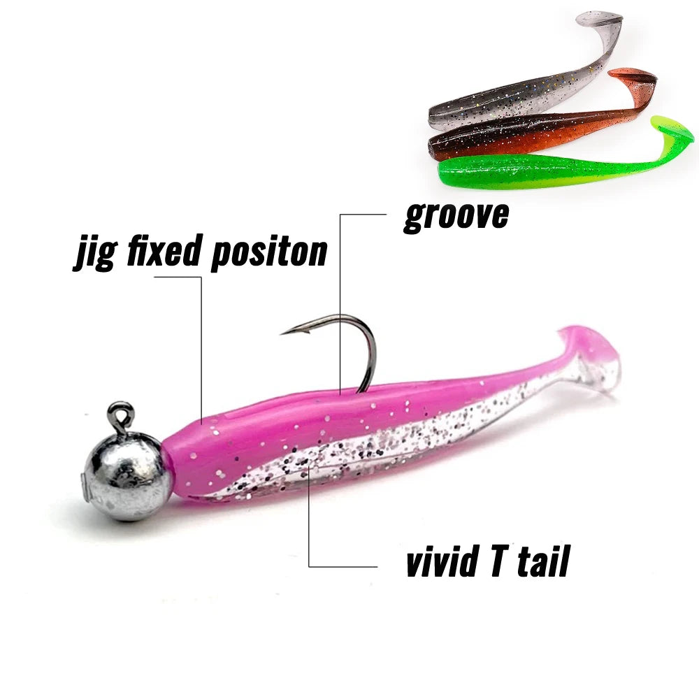 10PCS Soft Lure 5.5cm 7cm 10cm T Tail Worm 3PCS Jigging Head Hook 3g 5g 10g Metal Jig Carp Fishing Pesca Swimbait Gear Kit Bait