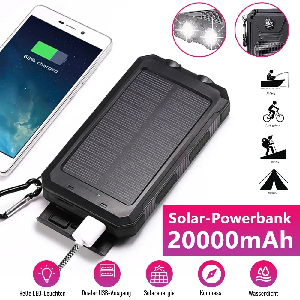 Solar Power Bank 20000mAh Charging Portable Charger Phone External Battery with SOS Flashlight 2-USB Outdoor Powerbank