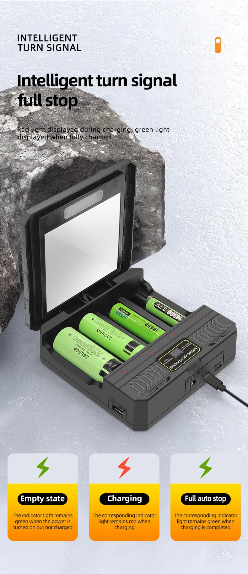 Solar Power Generation Solar Lithium Battery Smart Charger Type-C USB Four-Slot for 3.7V 18650/26650/21700/14500 Batteries