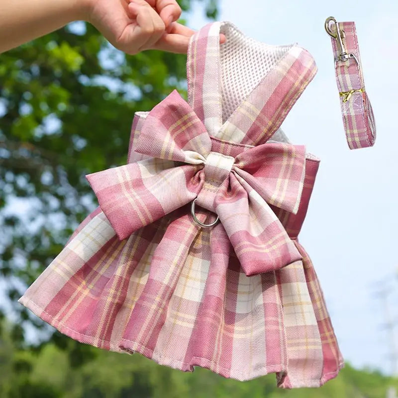 Pet dog  cat jk plaid skirt vest leash teddy than bear out clothes chest strap walking supplies