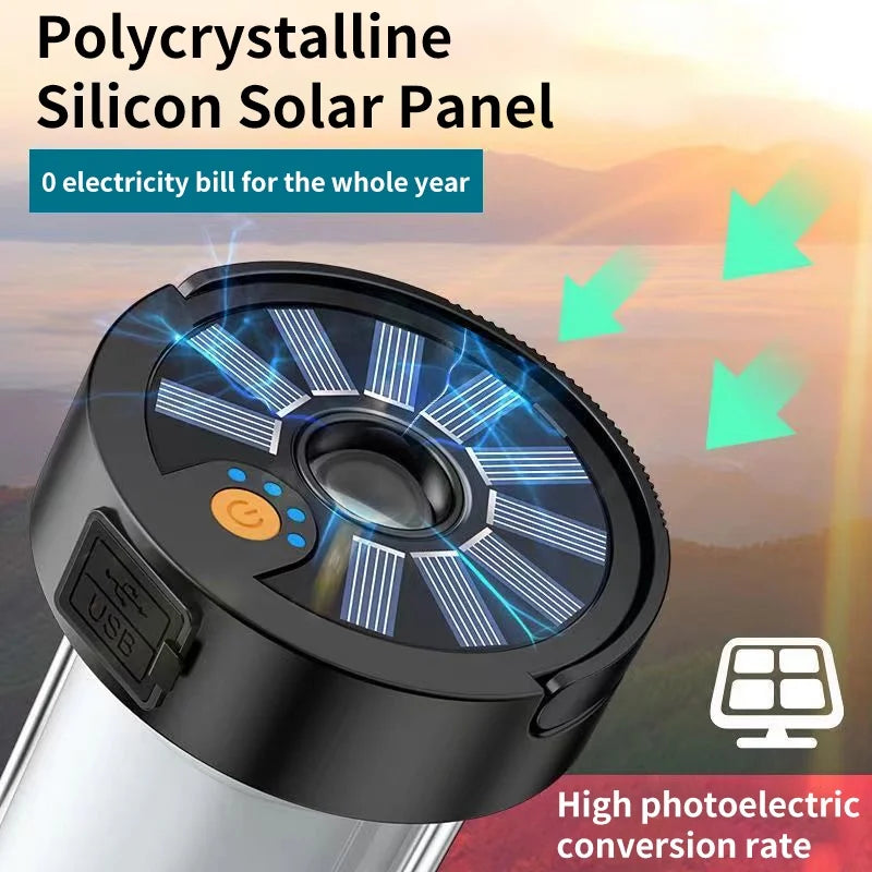 Solar LED Camping Lantern Light Outdoor Waterproof Emergency Rechargeable Multifunctional Portable Tent Flashlight