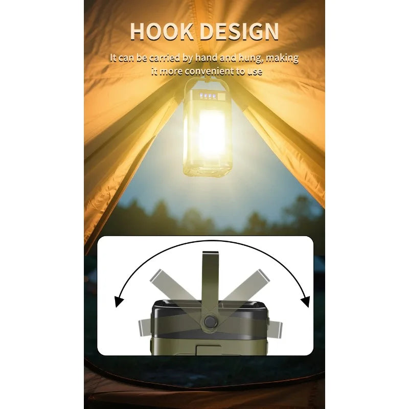 Solar powered outdoor portable camping light, solar rechargeable foldable lighting, large capacity multifunctional tent light