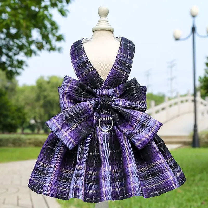 Pet dog  cat jk plaid skirt vest leash teddy than bear out clothes chest strap walking supplies