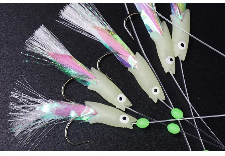 5 Hooks Sabiki Rigs Saltwater Fishing Lures Bait Rigs Real Fish Skin String Hook Mackerel Glow in The Dark Flash Sabiki Rigs