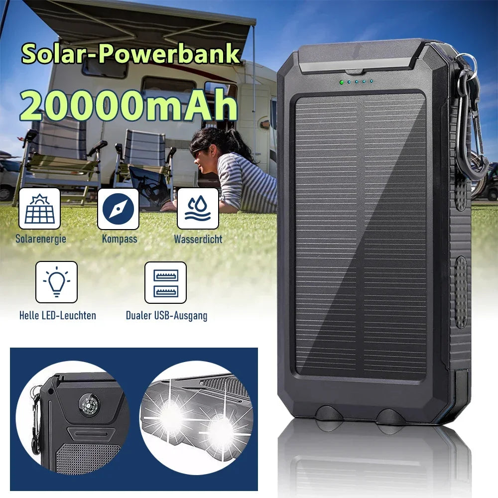 Solar Power Bank 20000mAh Charging Portable Charger Phone External Battery with SOS Flashlight 2-USB Outdoor Powerbank