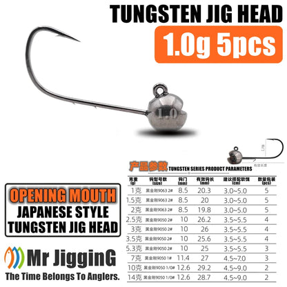 Mr JigginG Tungsten Jig Head 1g 1.5g 2g 2.5g 3g 3.5g 5.3g 7g 10g 14g Worm Hook for Soft Lure Tackle Fishing Accessories