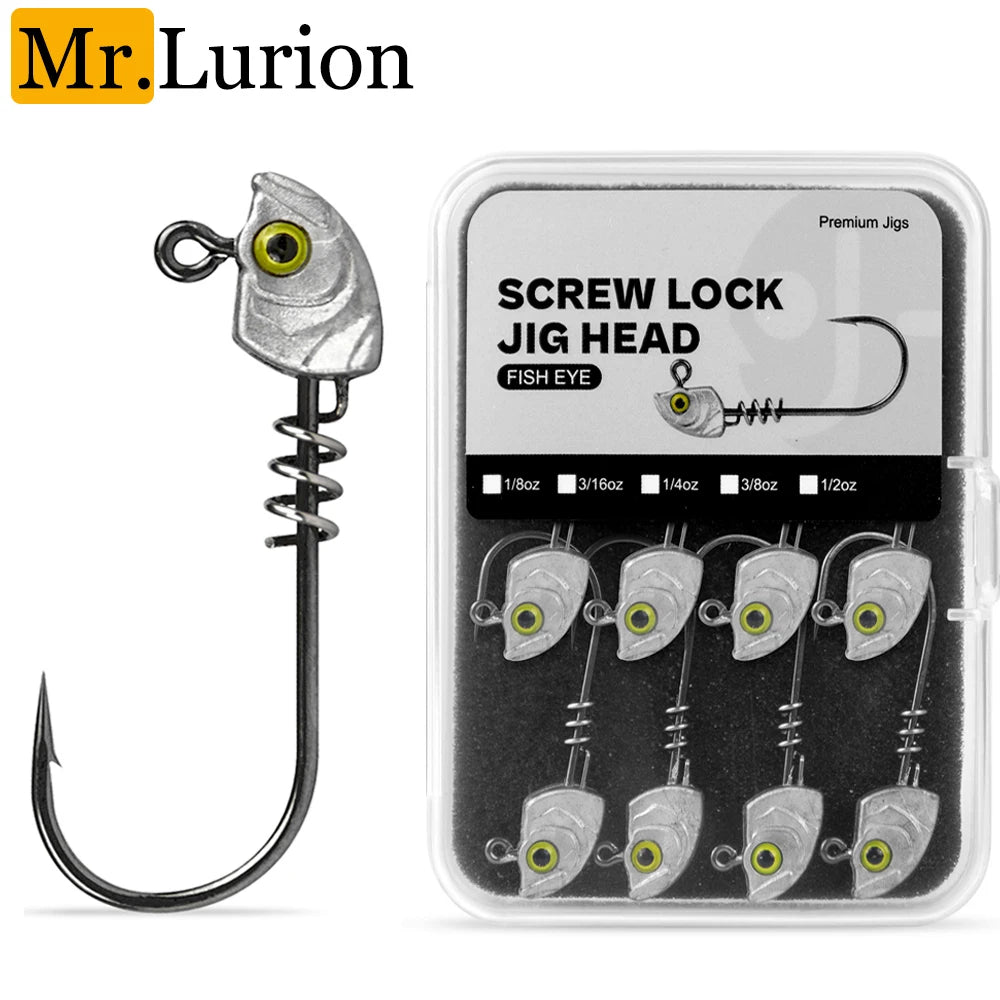 MrLurion 15pcs/Box 3.5g 5g 7g 10g 14g Screw lock jigging head fishing lure baits ,soft worm lure fishhook wobblers with 3D eyes
