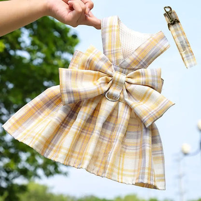 Pet dog  cat jk plaid skirt vest leash teddy than bear out clothes chest strap walking supplies