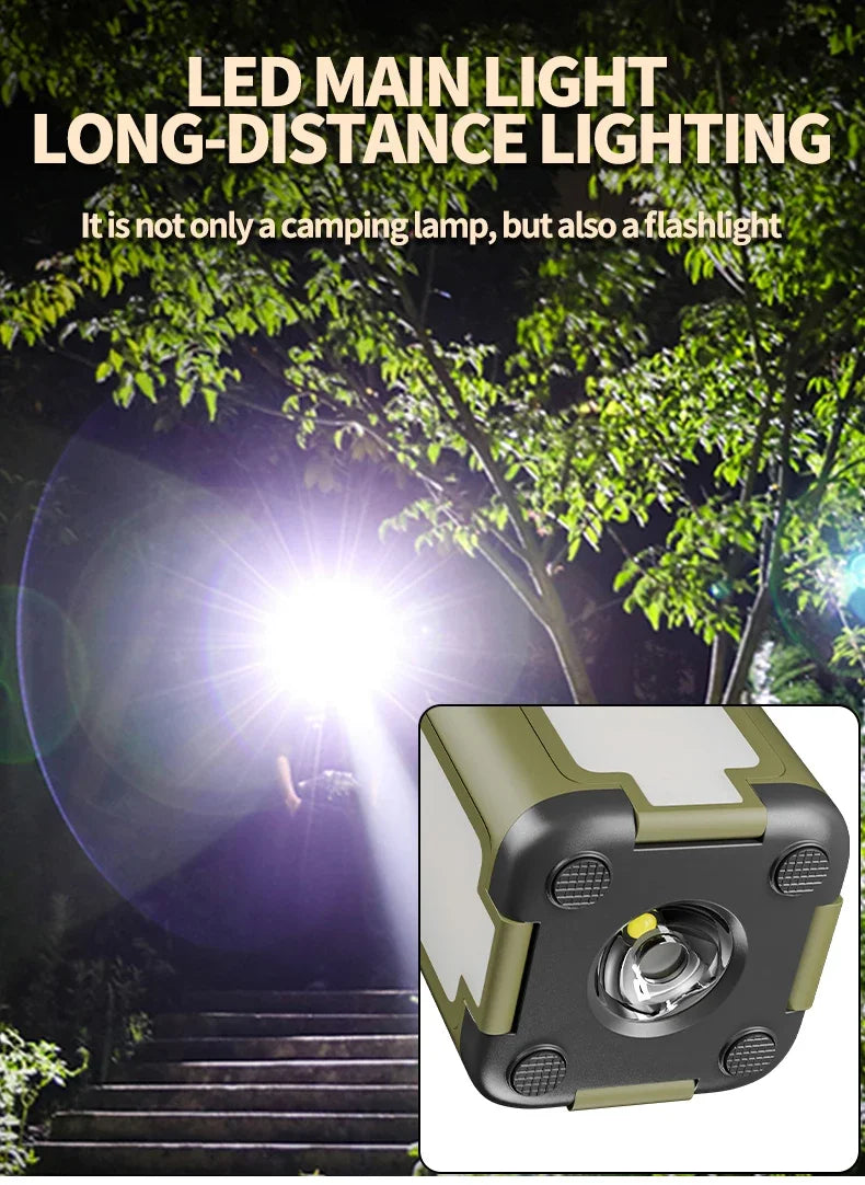 Solar Camping Light，USB/Solar Recharge Portable Lamp with 2000mAh Battery 6 Lighting Modes Outdoor Portable Hanging Tent Light