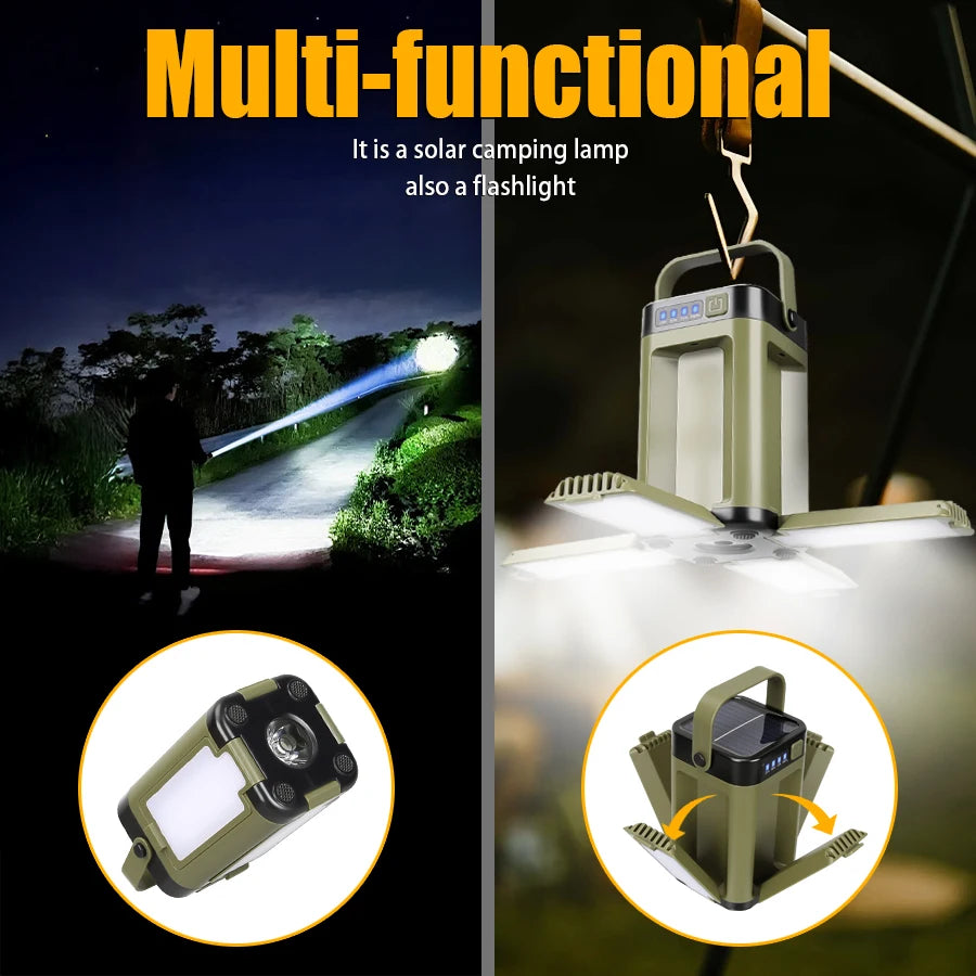 Solar Camping Light，USB/Solar Recharge Portable Lamp with 2000mAh Battery 6 Lighting Modes Outdoor Portable Hanging Tent Light