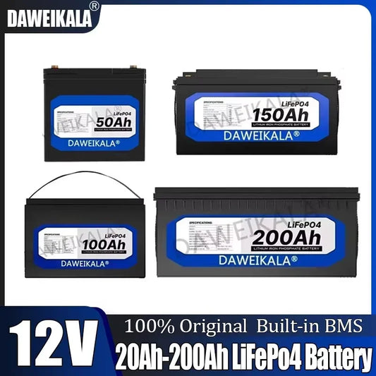 12V battery 20Ah 50Ah 100Ah 150Ah 200Ah LiFePo4 Battery Pack Lithium Iron Phosphate Batteries Built-in BMS For Solar Boat No Tax