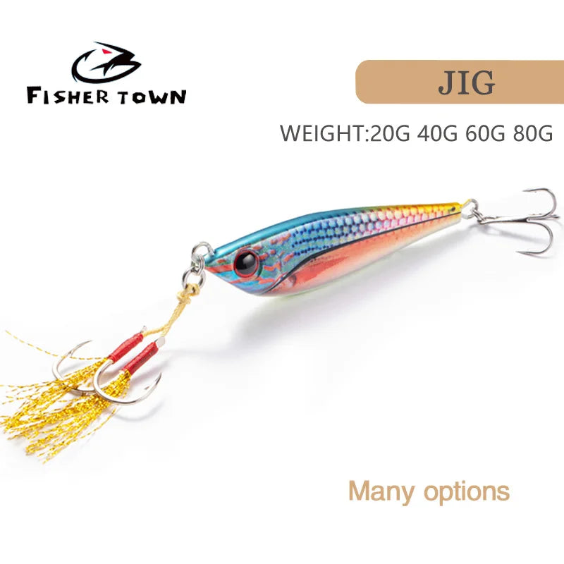 Fisher Town  Metal jig 20g40g60g80g 3D Print Laser slow jig Trout Sea Fishing Bait micro jig Sea Fishing Bait Jigging Lure Metal