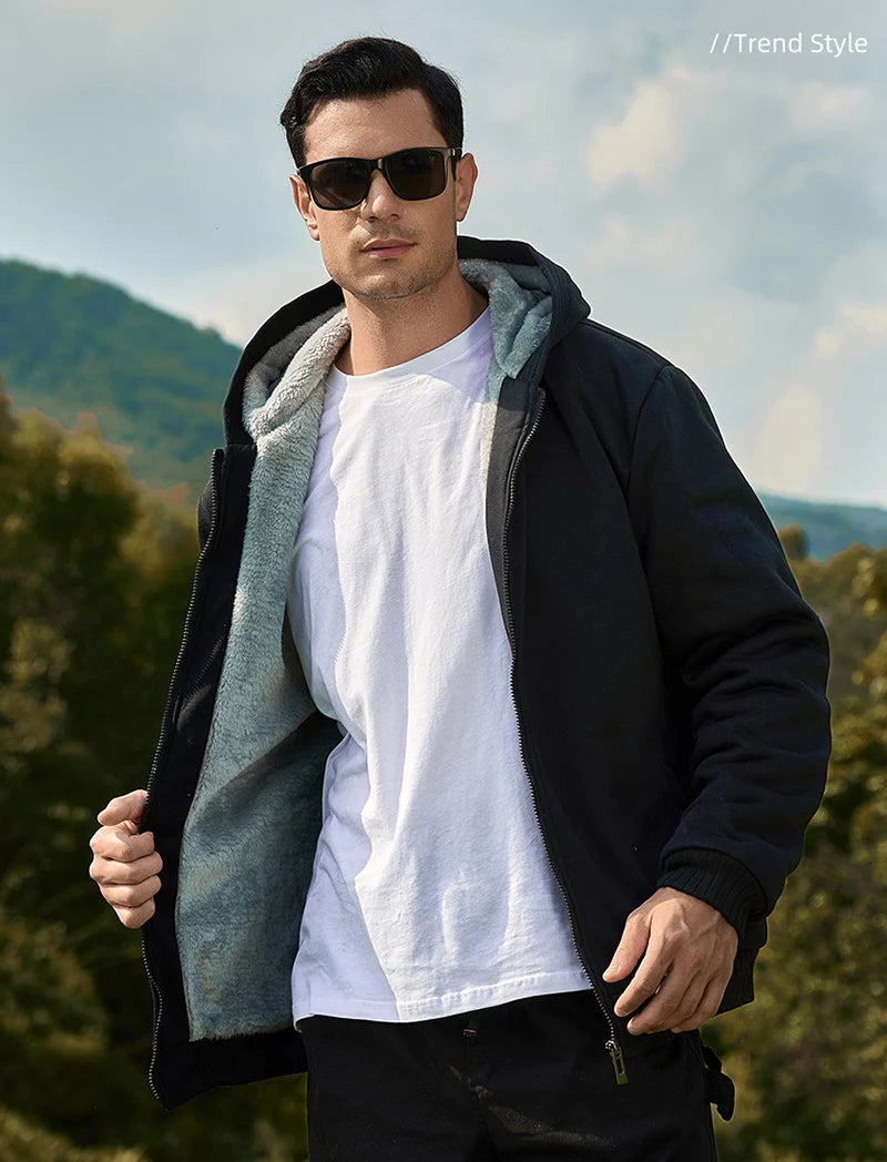 Winter Warm Sherpa Lined Coat for Men Heavyweight Plush Fleece Jackets Outwear Long Sleeve Zip Up Hoodie Sweatshirt Tops Outfits