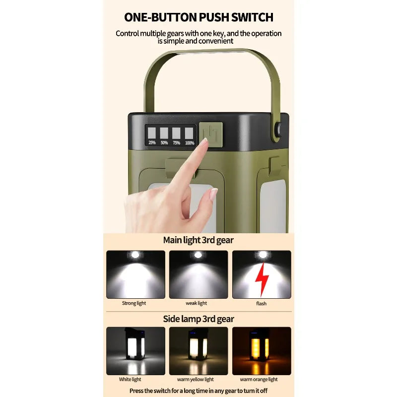 Solar powered outdoor portable camping light, solar rechargeable foldable lighting, large capacity multifunctional tent light