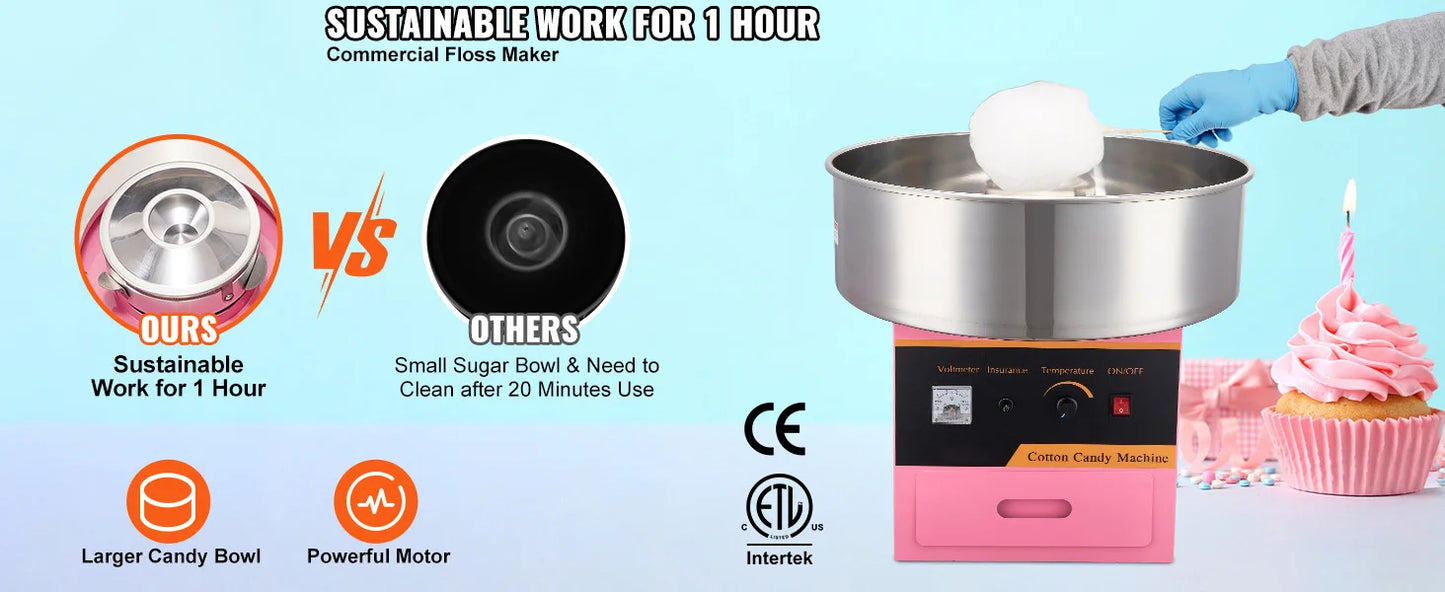 SucceBuy Electric Cotton Candy Machine Commercial Floss Maker w/ Stainless Steel Bowl Sugar Scoop and Drawer for Birthday Party