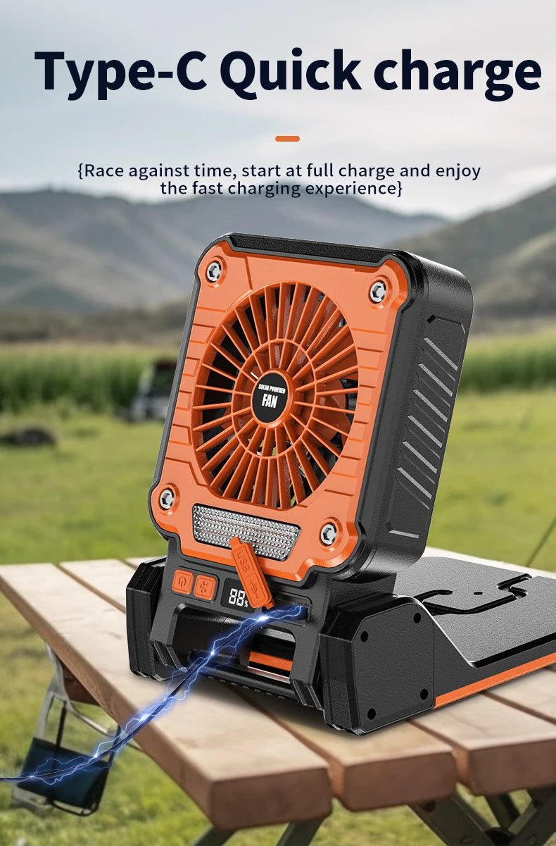 Solar Powered Camping Light with Fan Folding Portable Desk Lamp  Rechargeable Battery for Outdoor Hiking Fishing Camping