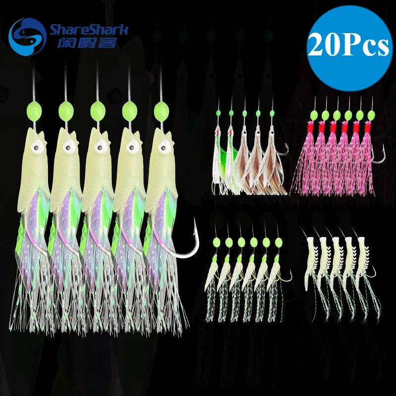 5 Hooks Sabiki Rigs Saltwater Fishing Lures Bait Rigs Real Fish Skin String Hook Mackerel Glow in The Dark Flash Sabiki Rigs