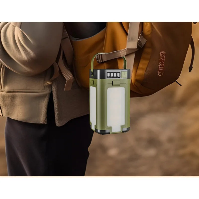 Solar powered outdoor portable camping light, solar rechargeable foldable lighting, large capacity multifunctional tent light