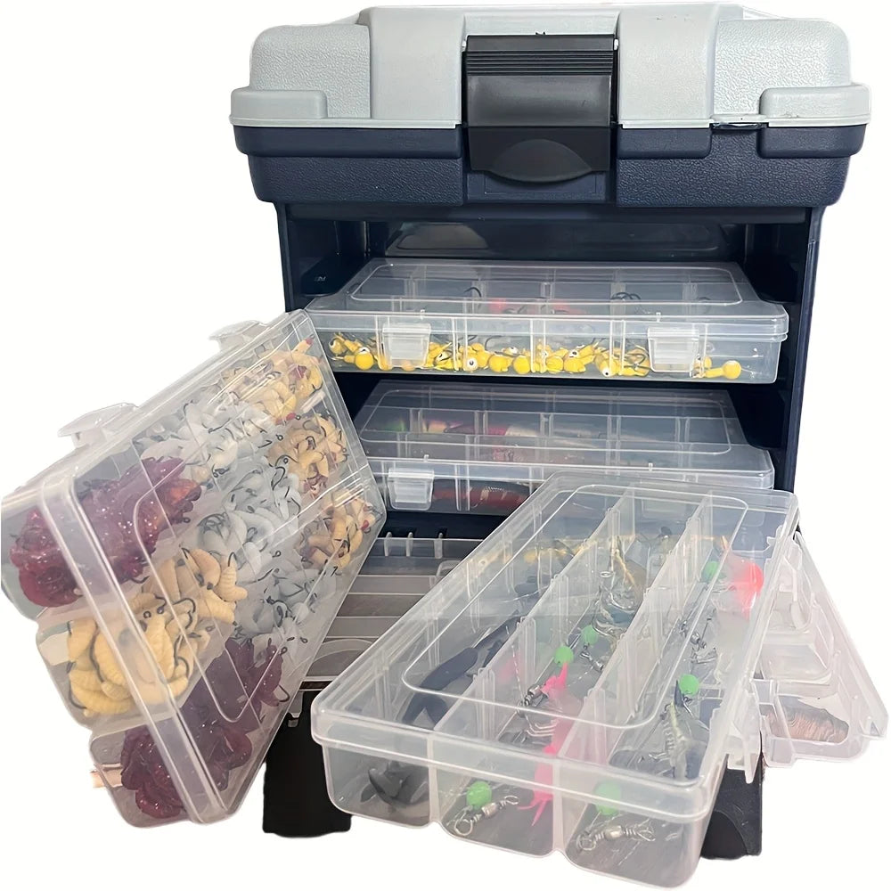 A portable fishing tackle box, a four-layer bait box, a grey fishing accessory storage box, a plastic fishing box (blank fish bo