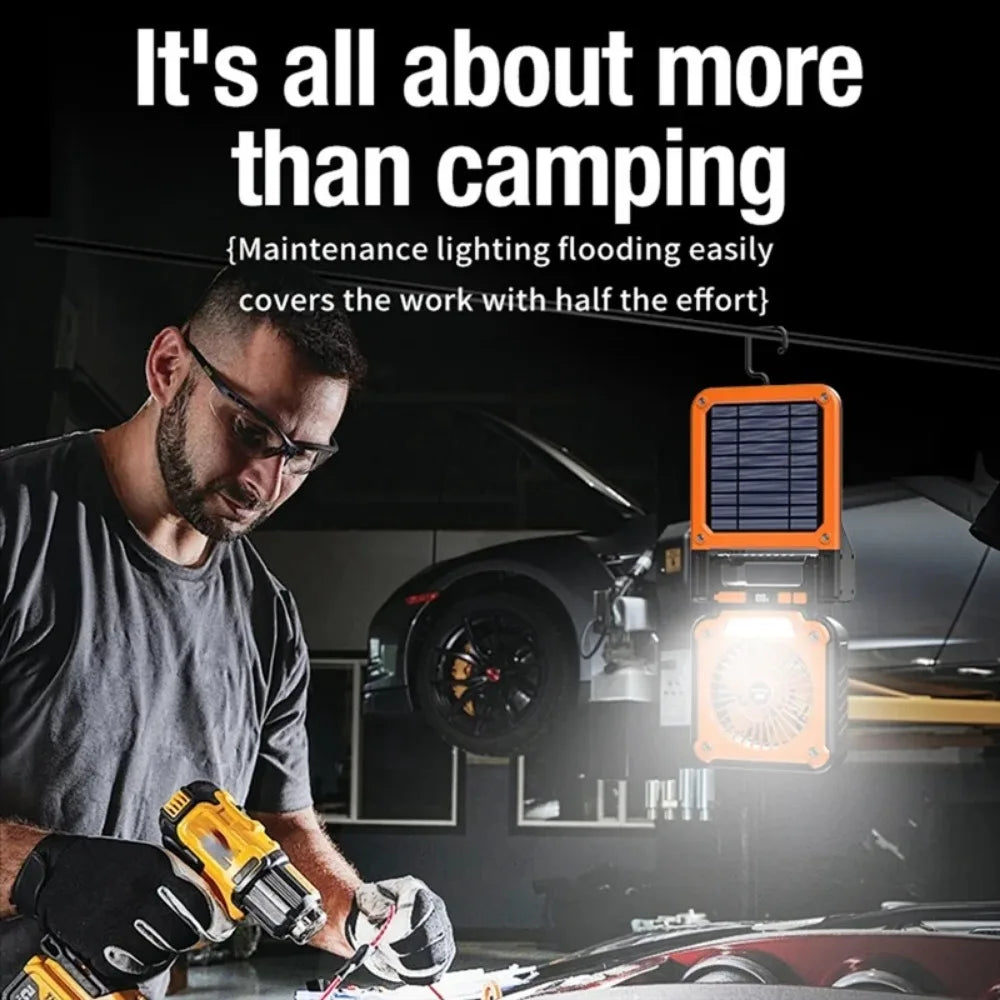 Solar Powered Camping Light with Fan Folding Portable Desk Lamp  Rechargeable Battery for Outdoor Hiking Fishing Camping