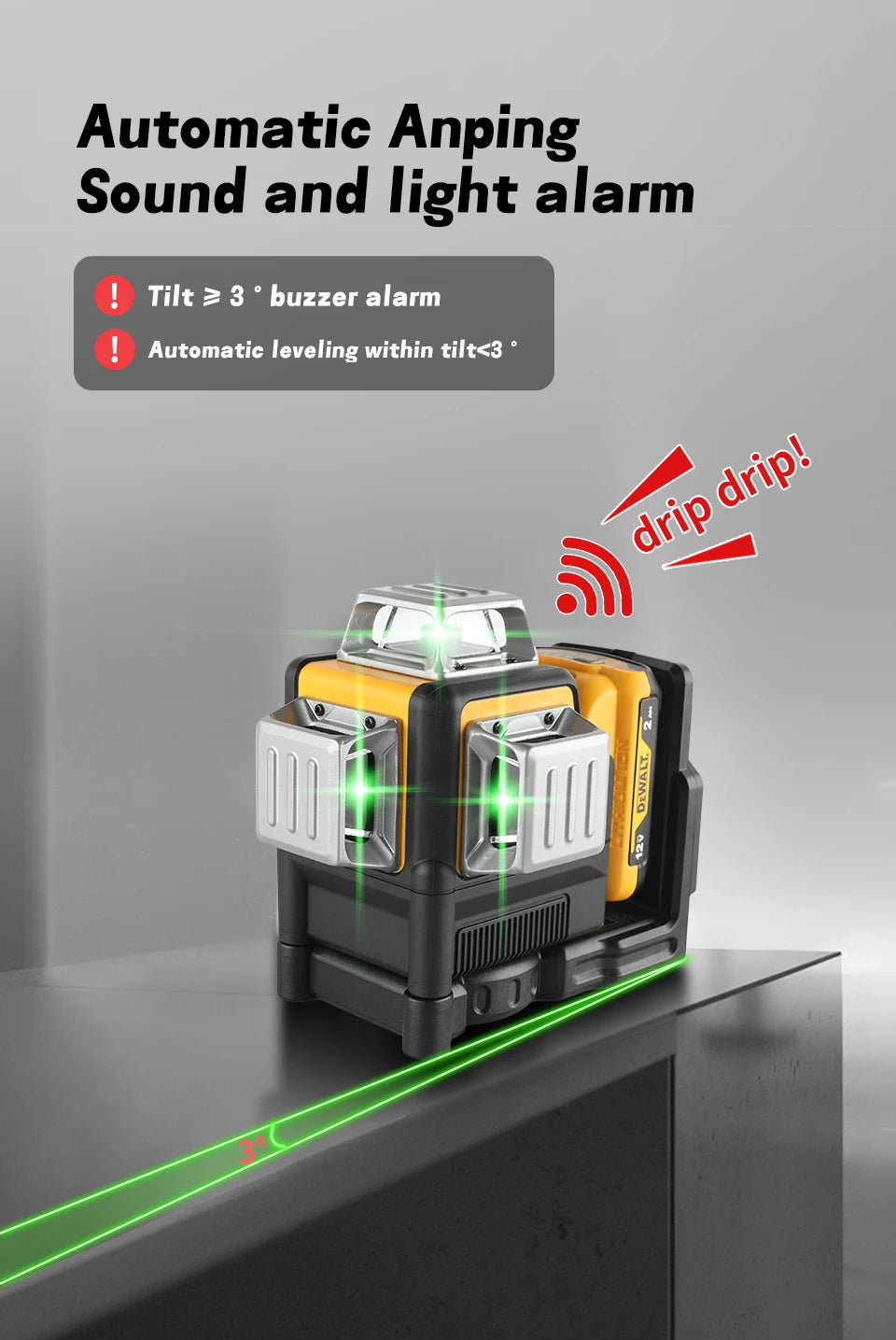Dewalt DW089LG 12-Line Green Beam Laser Level - 360° 3-Side Coverage, 12V Li-Ion, Jobsite Ready for Any Task