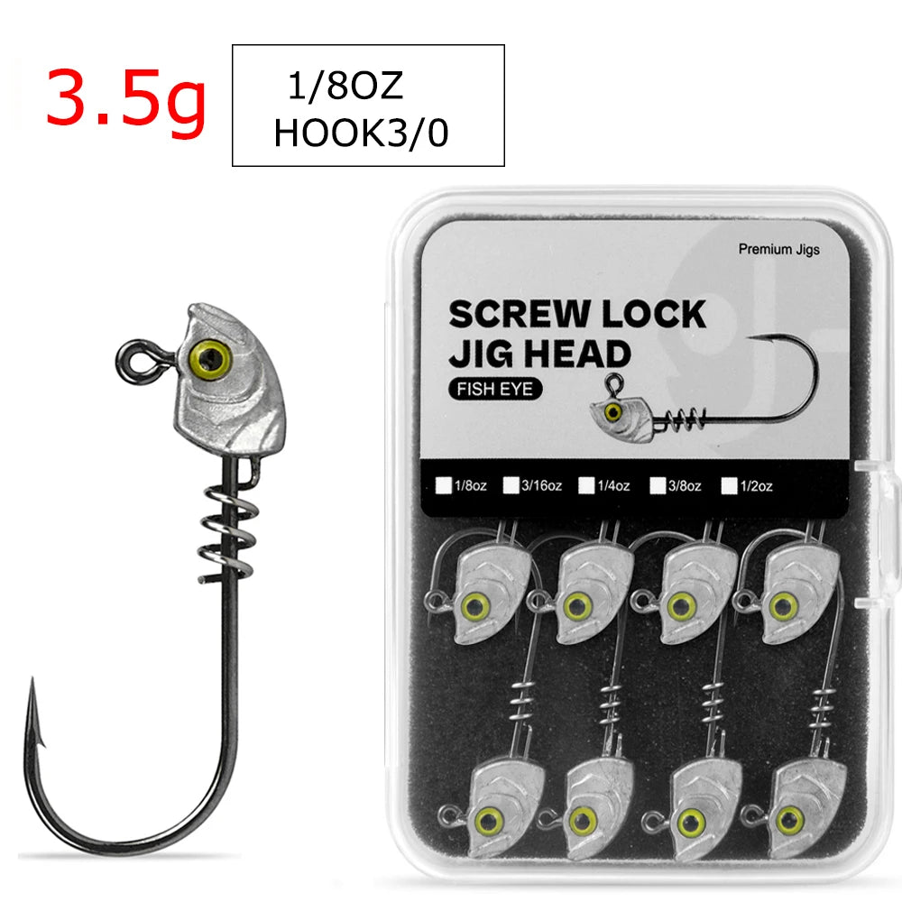 MrLurion 15pcs/Box 3.5g 5g 7g 10g 14g Screw lock jigging head fishing lure baits ,soft worm lure fishhook wobblers with 3D eyes