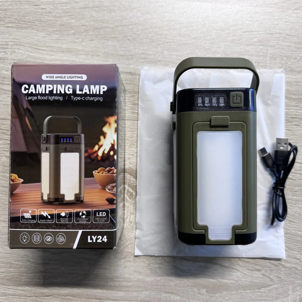 Solar Camping Light，USB/Solar Recharge Portable Lamp with 2000mAh Battery 6 Lighting Modes Outdoor Portable Hanging Tent Light
