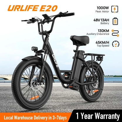 1000W E20 Electric Bike | 48V 13Ah Removable Battery, 20MPH, 20''X3" Fat Tire, 7-Speed Electric Bicycles with Dual Disc Brake