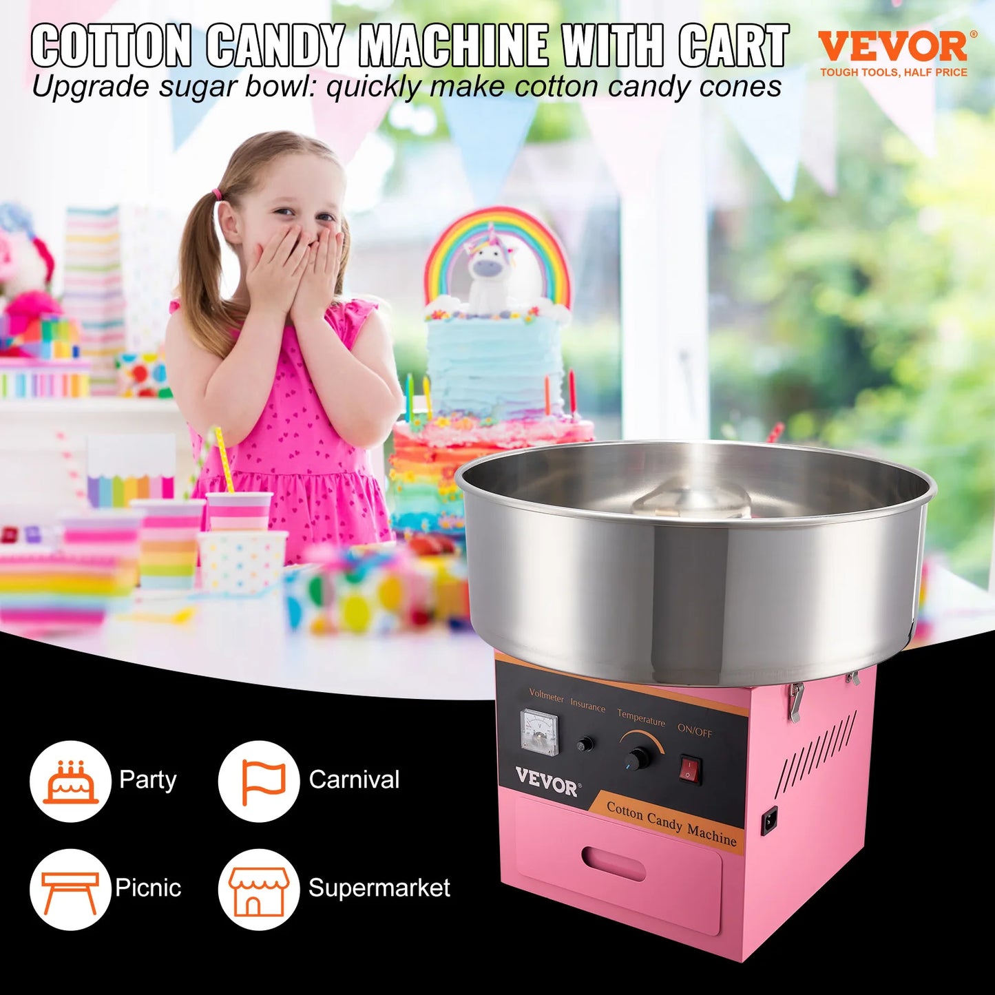 SucceBuy Electric Cotton Candy Machine Commercial Floss Maker w/ Stainless Steel Bowl Sugar Scoop and Drawer for Birthday Party