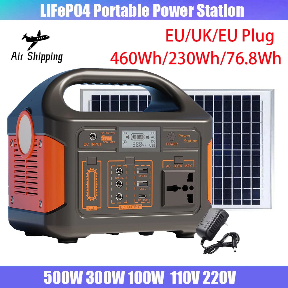 500W/300W/100W 460Wh/230Wh/76Wh LiFePO4 Portable Power Station Mobile Power Supply Solar Generator Built-in BMS 220V for Camping