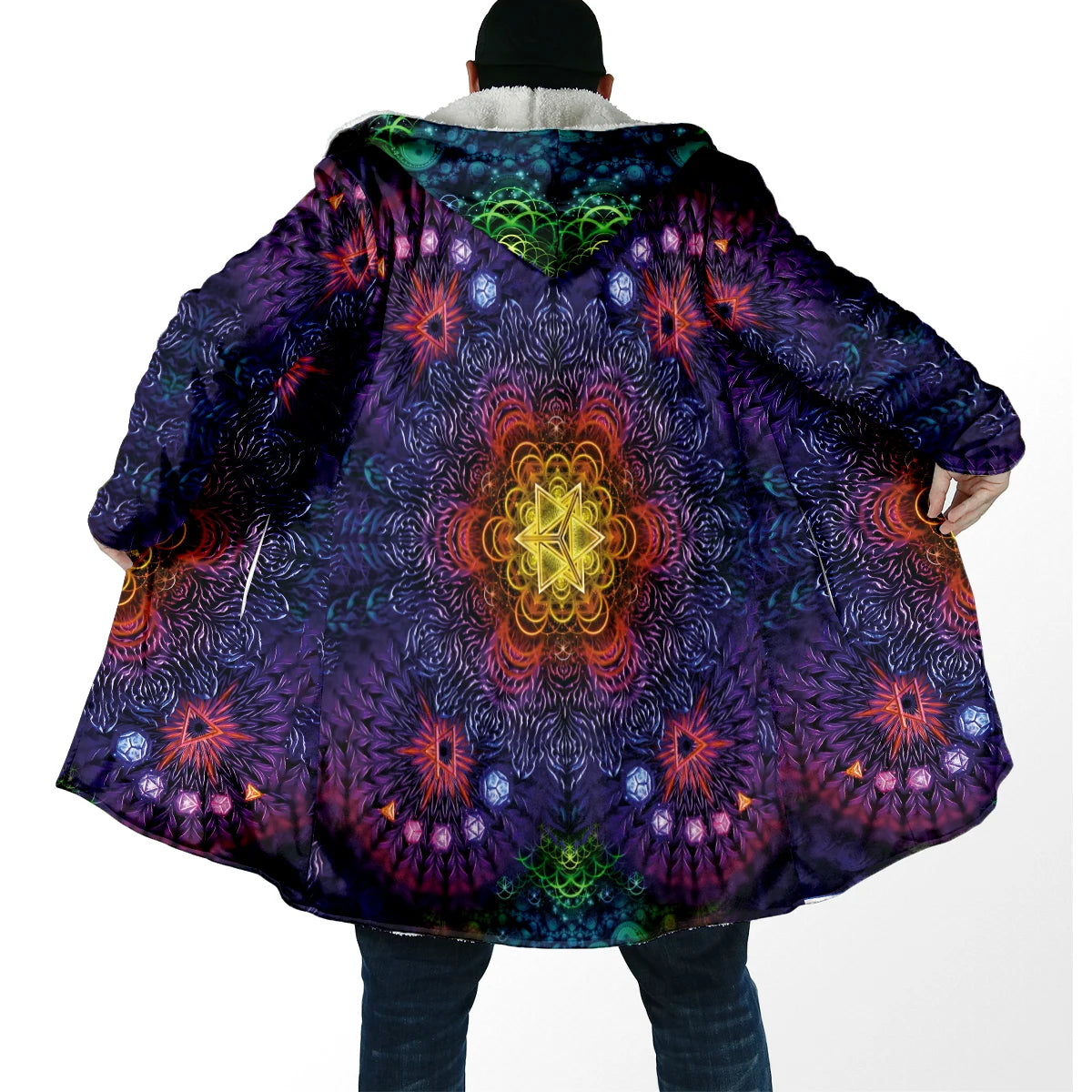 Winter Fashion Men's cloak Hippie Psychedelic Colorful Trippy 3D Printed Thick Fleece Hooded Cloak Unisex Warm Cape Coat DP103