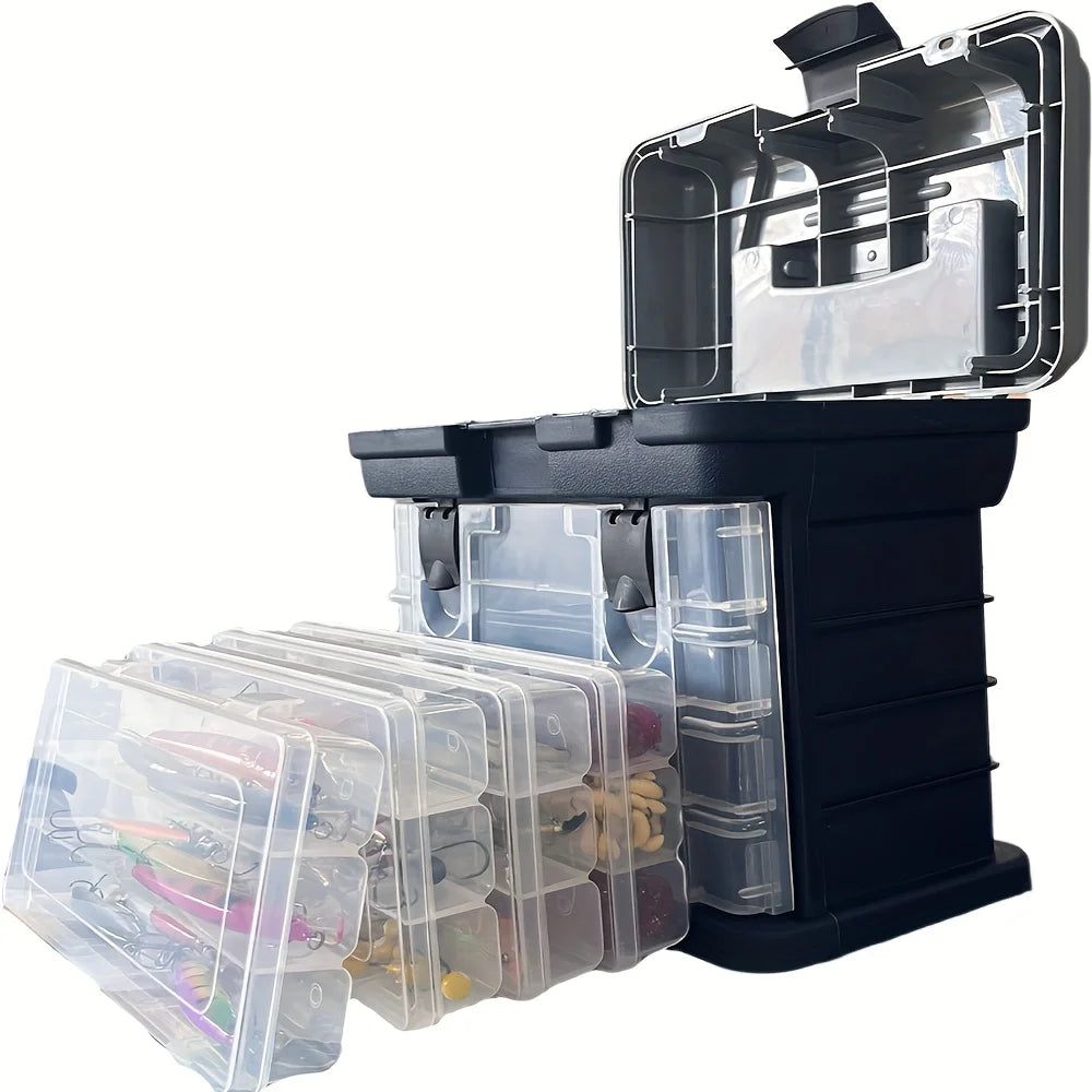 A portable fishing tackle box, a four-layer bait box, a grey fishing accessory storage box, a plastic fishing box (blank fish bo