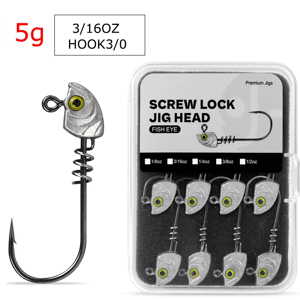 MrLurion 15pcs/Box 3.5g 5g 7g 10g 14g Screw lock jigging head fishing lure baits ,soft worm lure fishhook wobblers with 3D eyes