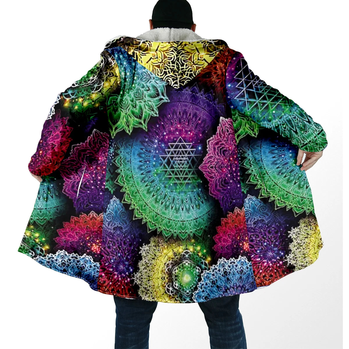 Winter Fashion Men's cloak Hippie Psychedelic Colorful Trippy 3D Printed Thick Fleece Hooded Cloak Unisex Warm Cape Coat DP103